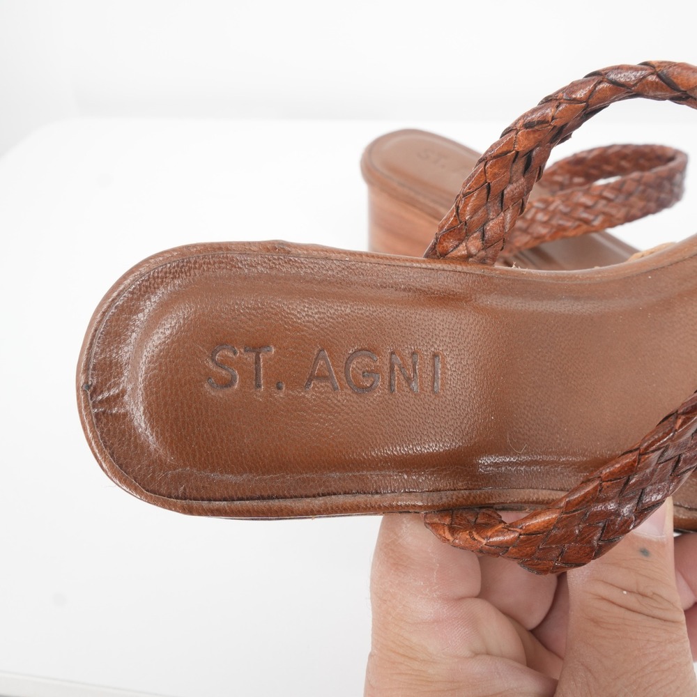 St. Agni Woven Leather Block Heel Sandals Women 39 Tan Brown Square Toe Mules - Picture 3 of 6